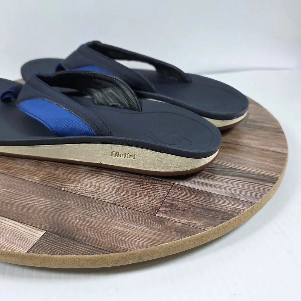 OluKai Nohona 10350-DEDE Mens US 8 Flip Flop Navy Leather Slip On Thong Sandals